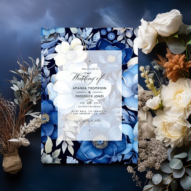 Invitation Mariage d'automne floral bleu marine, argent et bl (Créateur téléchargé)