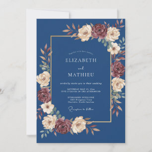 Invitation Mariage d'automne floral bleu marine maussade