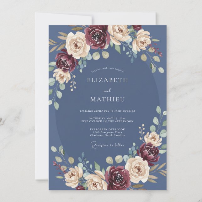 Invitation Mariage d'automne floral bleu profond (Devant)