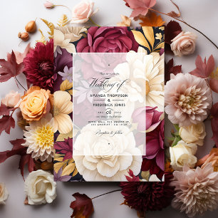Invitation Mariage d'automne floral Bourgogne, or et ivoire