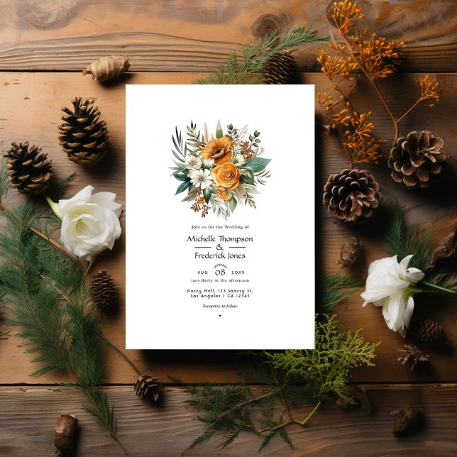 Invitation Mariage d'automne floral Brun doré et Vert pin (Créateur téléchargé)
