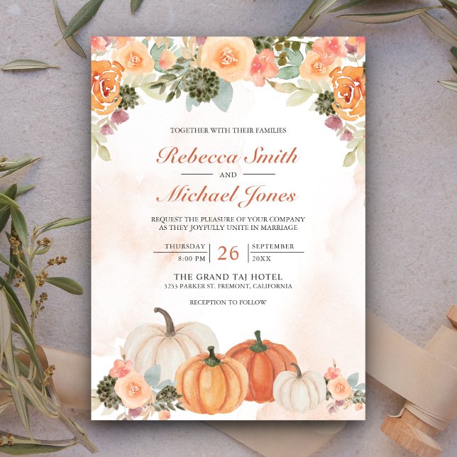 Invitation Mariage d'automne floral citrouille aquarelle rust (Créateur téléchargé)