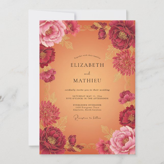 Invitation Mariage d'automne floral doré Bourgogne (Devant)