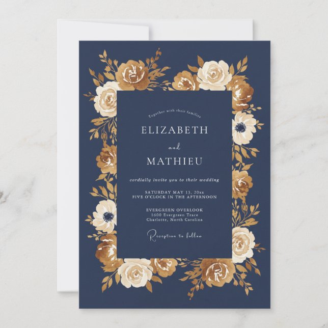Invitation Mariage d'automne floral doré marine (Devant)