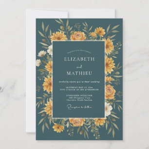 Invitation Mariage d'automne floral doré sarcelle