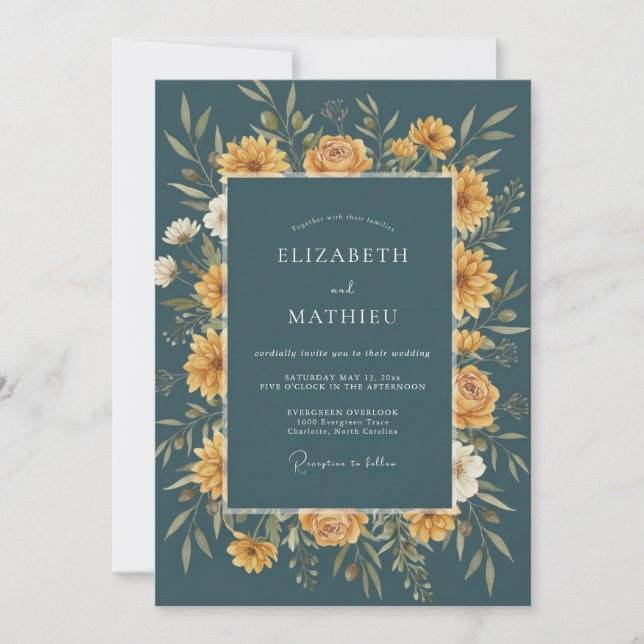 Invitation Mariage d'automne floral doré sarcelle (Devant)