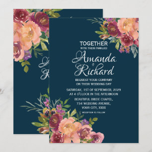 Invitation Mariage d'automne floral joli bleu marine