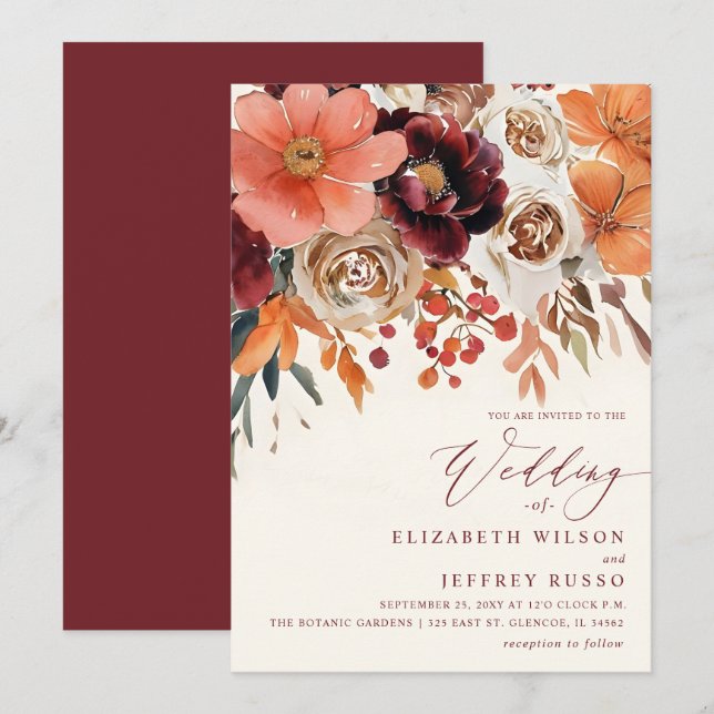 Invitation Mariage d'automne floral orange Bourgogne (Devant / Derrière)