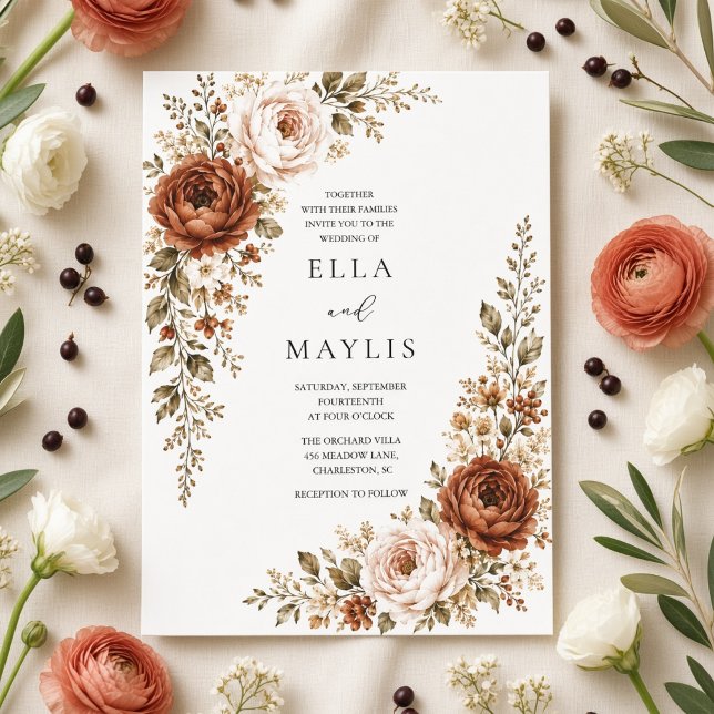 Invitation Mariage d'automne floral Ranunculus Terracotta  (Créateur téléchargé)