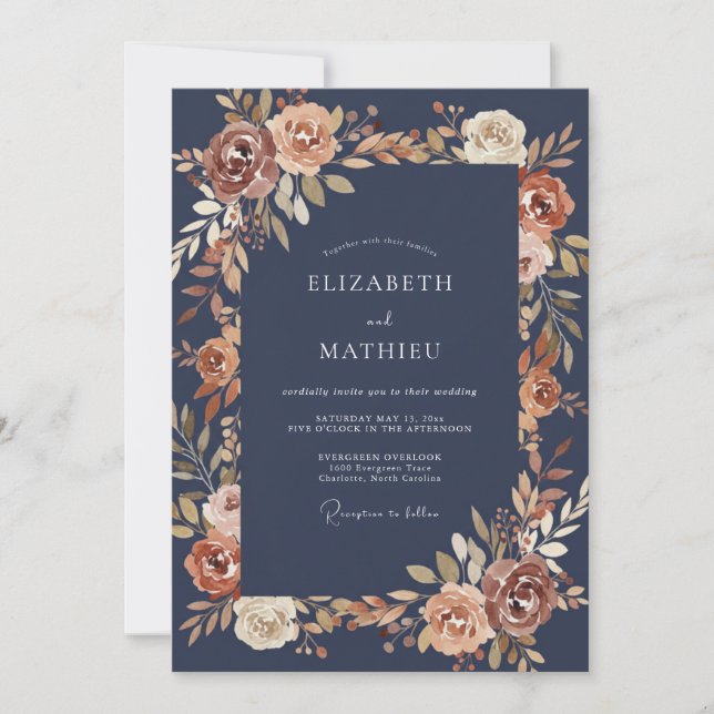 Invitation Mariage d'automne floral rouille marine (Devant)