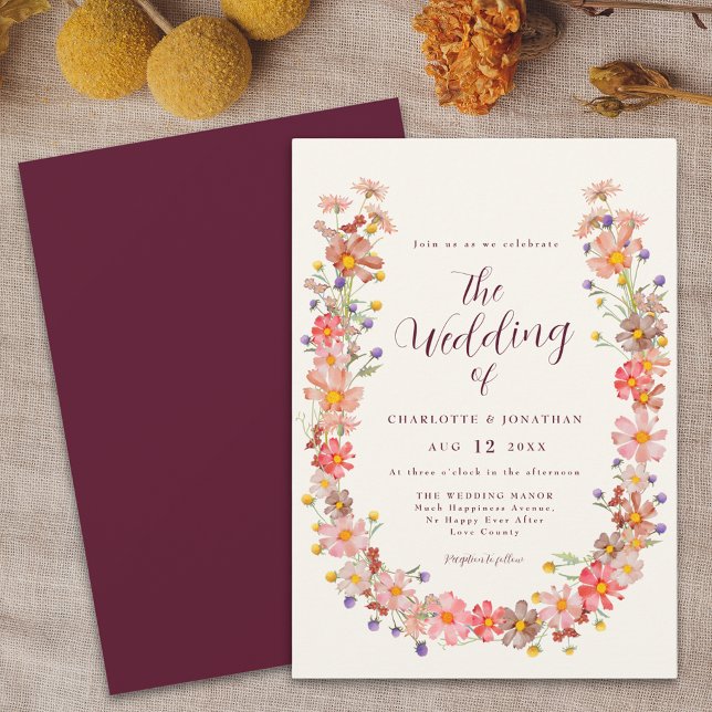 Invitation Mariage d'automne floral rustique bohème (Boho rustic floral arch fall wedding Invitation burgundy cream ivory watercolor wildflower wreath)