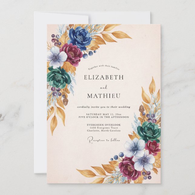 Invitation Mariage d'automne floral sarcelle et Bourgogne (Devant)