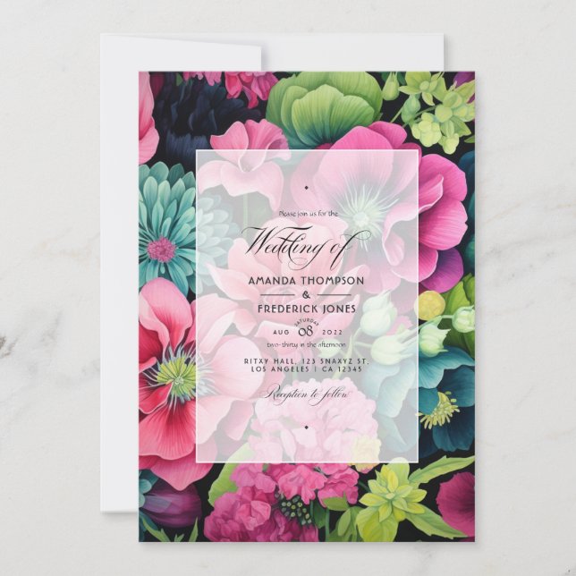 Invitation Mariage d'automne floral vert, rose et noir (Devant)