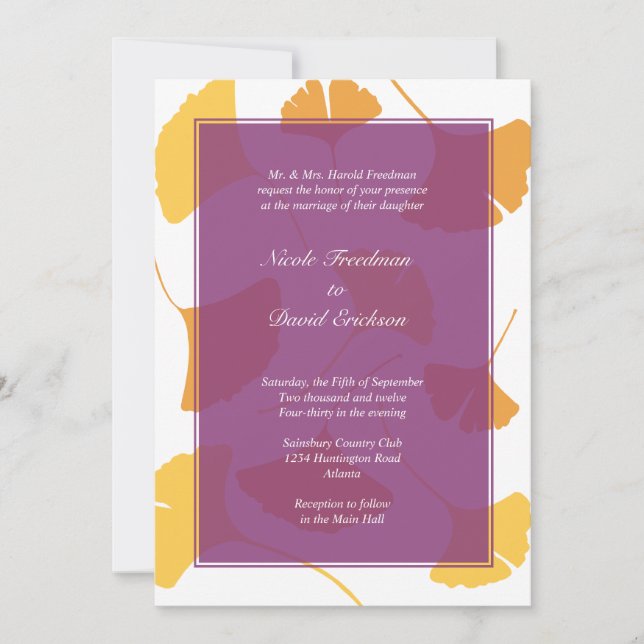 Invitation mariage d'automne mauve d'feuille du ginkgo (Devant)