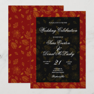 Invitation Mariage d'automne rouge et noir feuille d'or