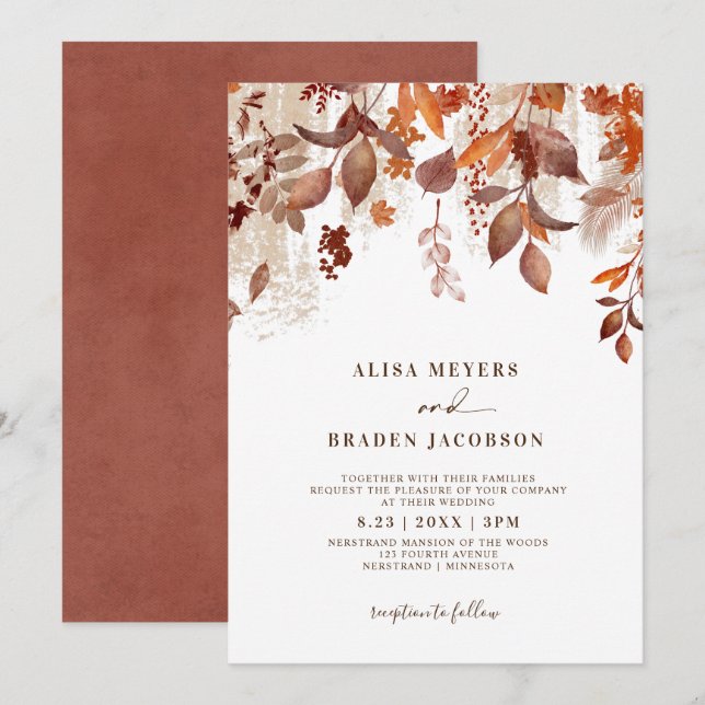 Invitation Mariage d'automne Rouille Feuillage Feuilles d'aut (Devant / Derrière)
