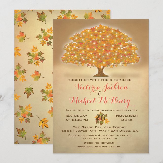 Invitation Mariage d'automne rustique aux lumières scintillan (Devant / Derrière)