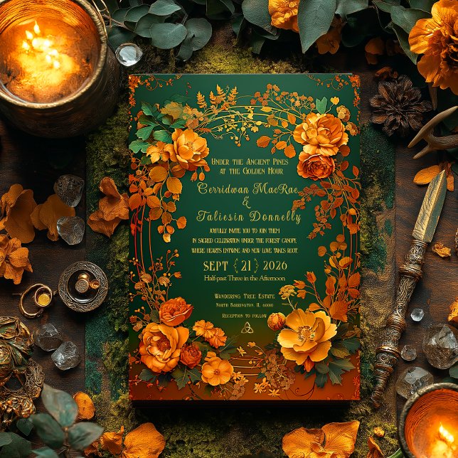 Invitation Mariage d'automne rustique forêt verte floral et o (Elegant Enchanting Autumn Druid Hill Wedding invitation )