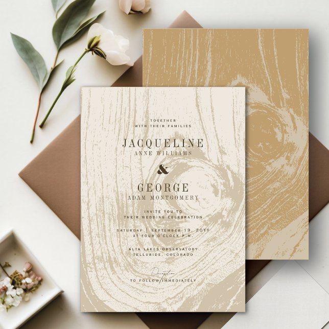 Invitation Mariage d'automne rustique moderne classique (Classic Modern Rustic Yellow Ochre Woodgrain Chic Autumn Wedding Invitation @ fatfatin_blue_knot)