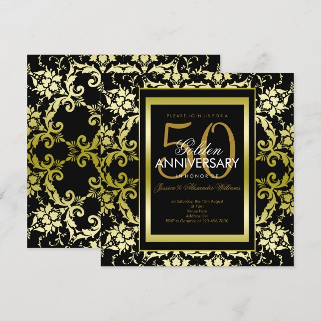 Invitation Mariage de 50 ans Glamour Or Damassé (Devant / Derrière)
