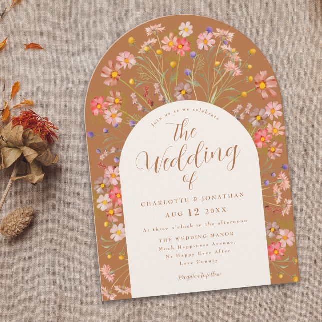 Invitation Mariage de automne Arch Fleur sauvage en terre cui (Boho fall wildflower floral arch terracotta burnt orange wedding with elegant script)