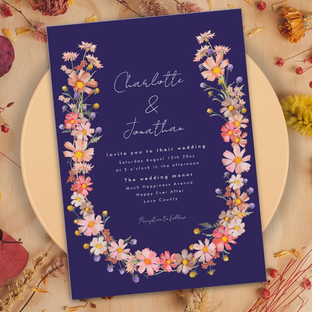 Invitation Mariage de automne bleu de la marine Fleur sauvage (Wildflower navy blue fall wedding invitation with watercolor dried flowers boho wreath)