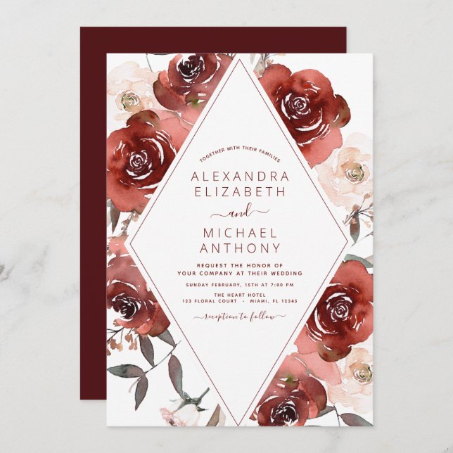 Invitation Mariage de automne Burnt Orange Floral Élégant (Devant / Derrière)