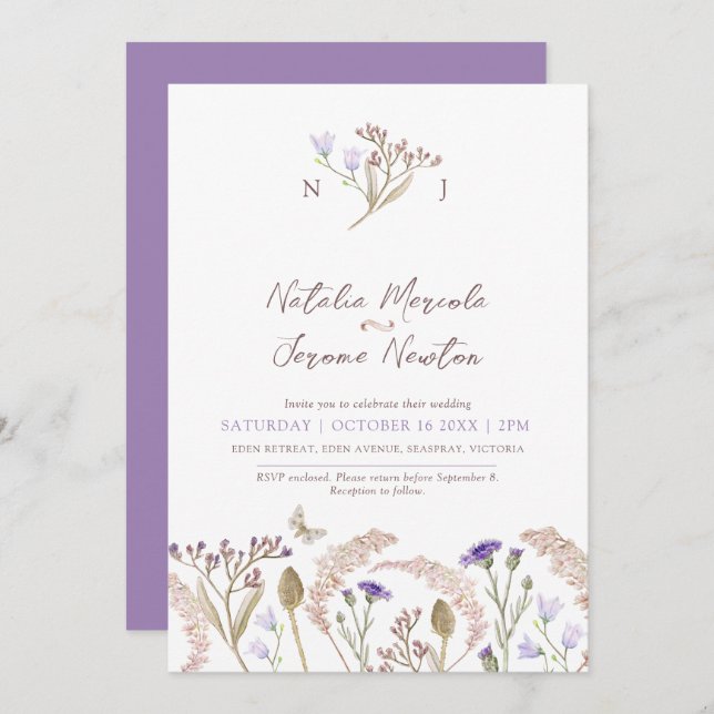 Invitation mariage de automne d'aquarelle fleur sauvage (Devant / Derrière)