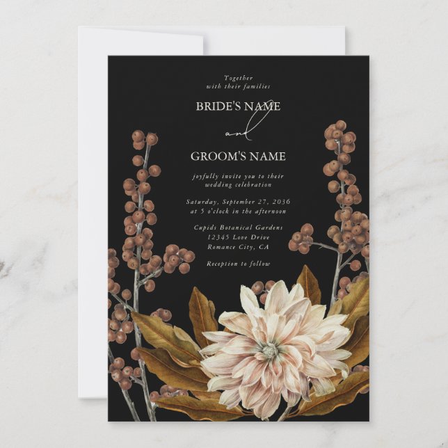 Invitation Mariage de automne d'aquarelle noire florale d'aut (Devant)
