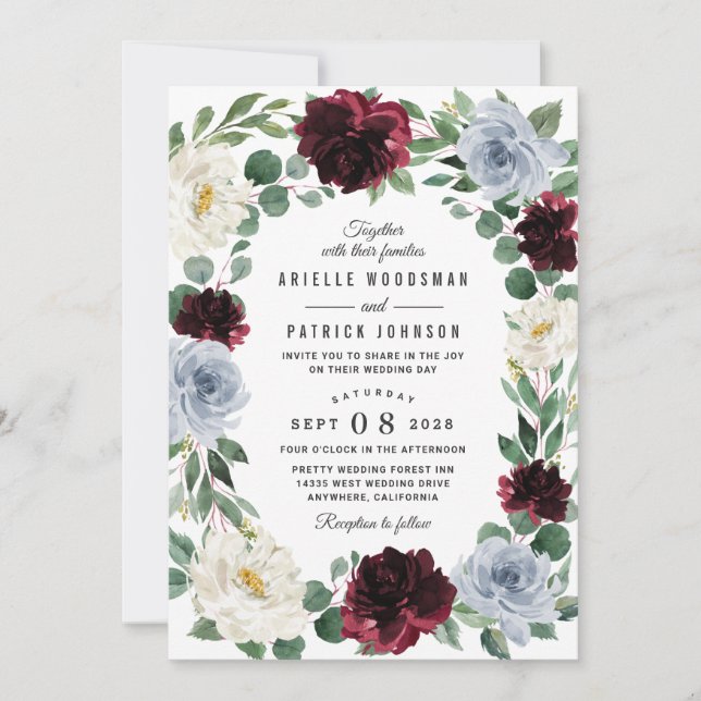 Invitation Mariage de automne de canneberge bleu et bordeaux (Devant)