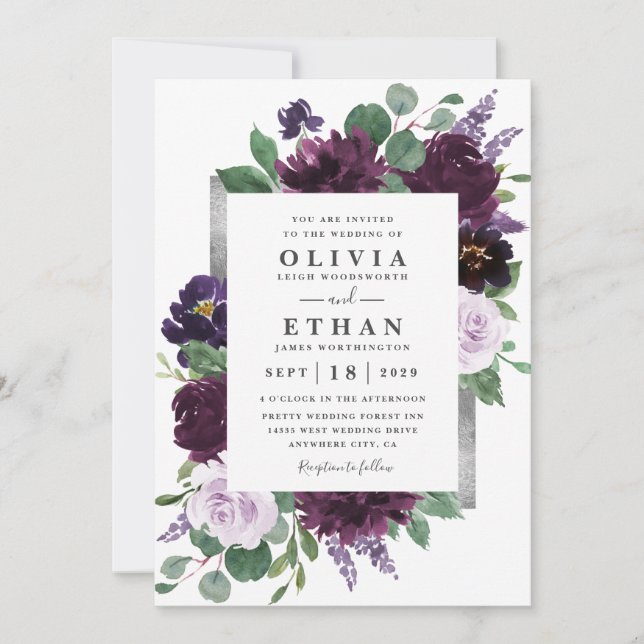 Invitation Mariage de automne de pivoine gris violet gris arg (Devant)