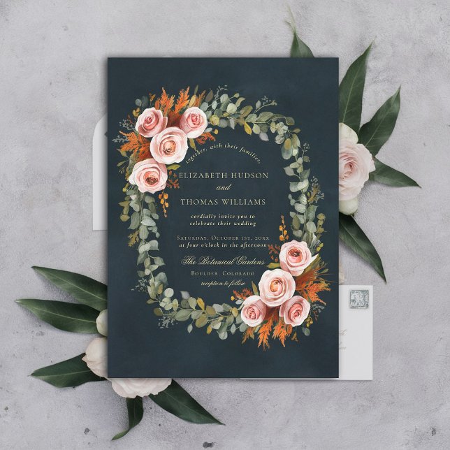 Invitation Mariage de automne de trame de couronne de cuivre  (fall wedding invitation botanical wreath roses eucalyptus elegant formal modern classic copper green)