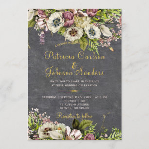 Invitation Mariage de automne en damier gris or floral rustiq
