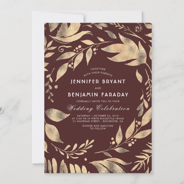 Invitation Mariage de automne Feuille Burgundy et Gold Elegan (Devant)