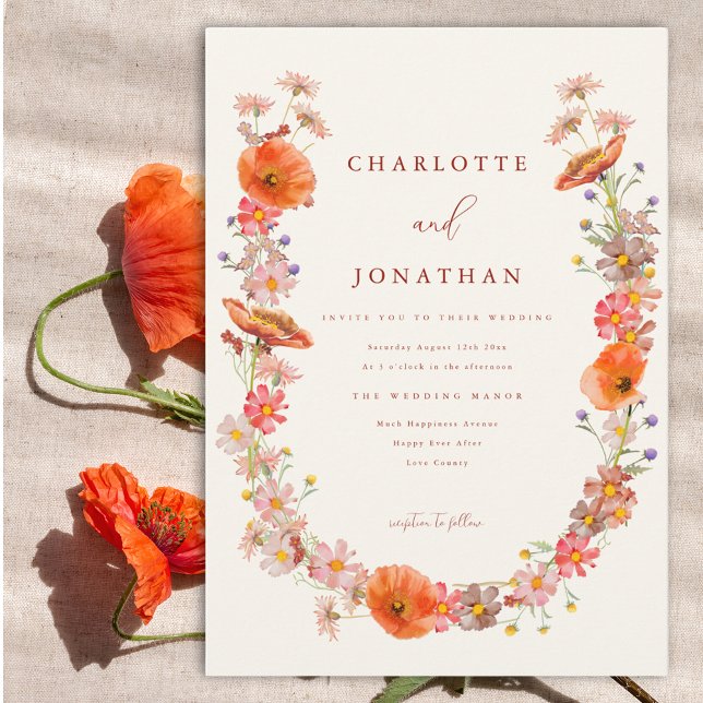 Invitation Mariage de automne Fleur sauvage Boho (Modern wildflower wedding invitation with watercolor florals boho wreath)