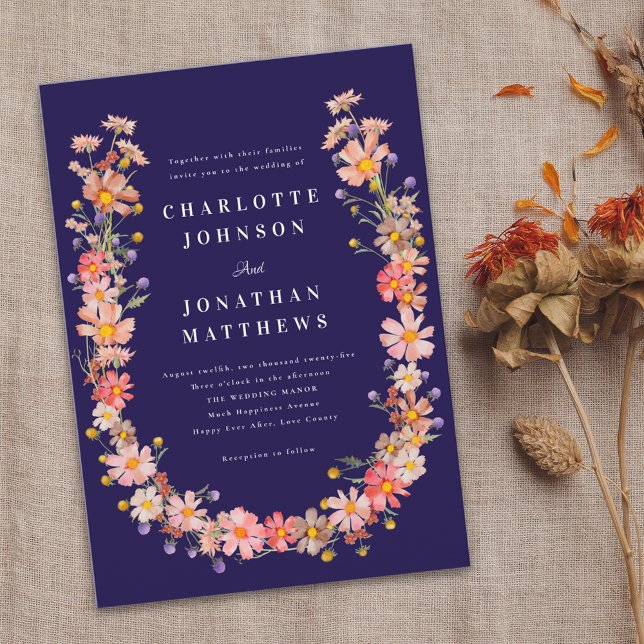 Invitation Mariage de automne Fleur sauvage Boho (Boho fall floral wildflower wreath navy blue and white wedding invitation Autumn watercolors elegant)