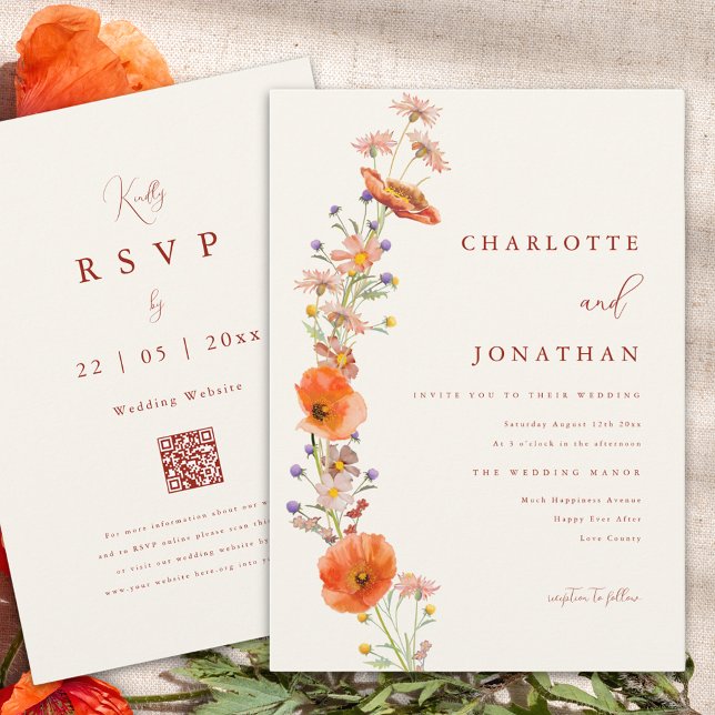 Invitation Mariage de automne Fleur sauvage Boho (Boho wildflower fall orange wedding invitation with qr code )