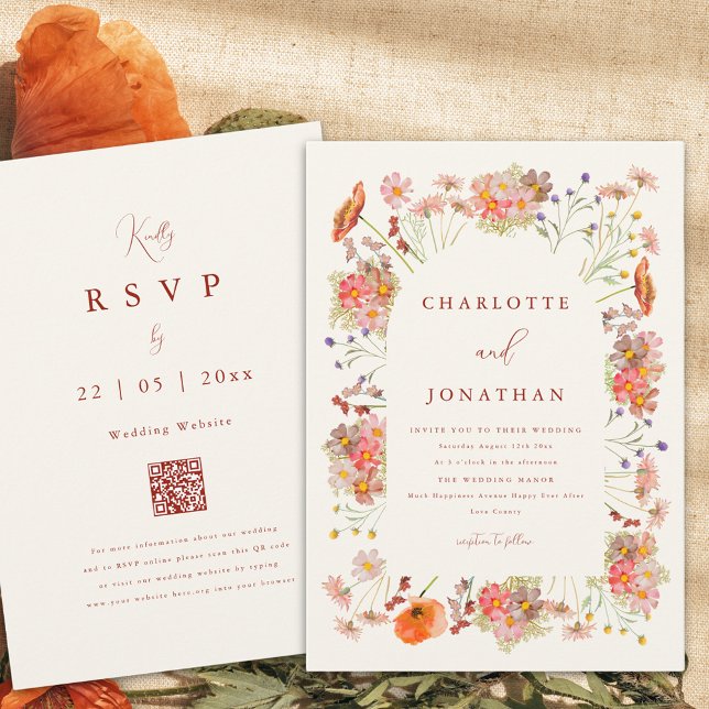 Invitation Mariage de automne Fleur sauvage Boho (Boho wildflower fall wedding invitation with dried flowers and burnt orange script qr code)