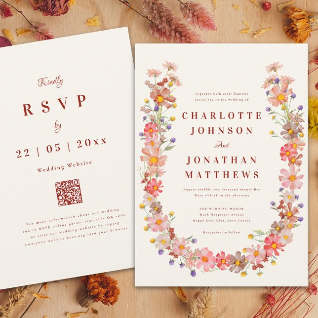 Invitation Mariage de automne Fleur sauvage Boho (Wildflower wreath fall wedding invitation )