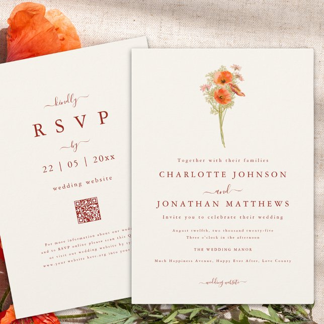 Invitation Mariage de automne Fleur sauvage Boho simple (Minimalist wildflower fall wedding invitation with wedding website qr code)