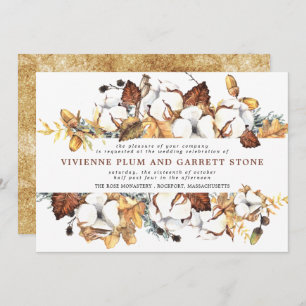 Invitation Mariage de automne Floral blanc et Feuille or