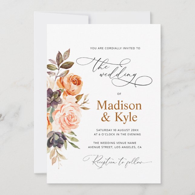 Invitation mariage de automne floral blush et or (Devant)