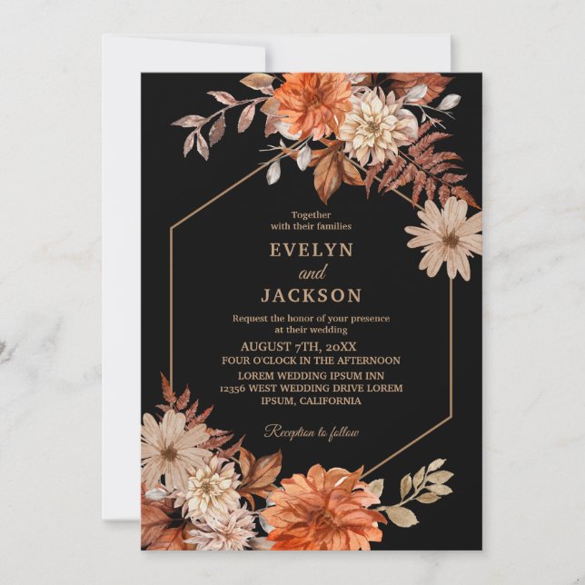 Invitation Mariage de automne floral moderne aquarelle noir (Devant)