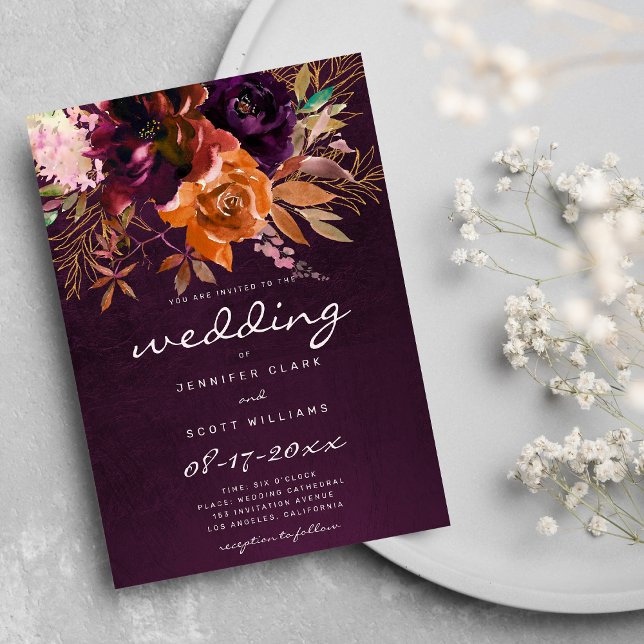 Invitation Mariage de automne floral orange bordeaux (Burgundy orange pink gold floral fall wedding invitation)