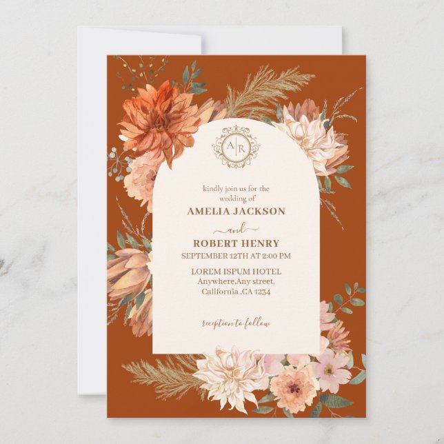 Invitation Mariage de automne floral orange brûlé en terre cu (Devant)