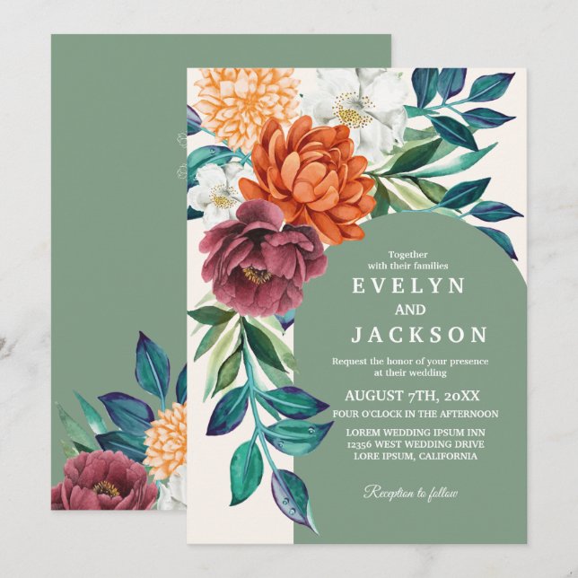 Invitation Mariage de automne floral vert Sage moderne (Devant / Derrière)