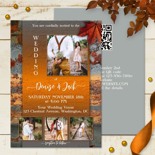 Invitation Mariage de automne photo design industriel moderne (Industrial design wedding invitation featuring 4 of your own photos framed by weathered metal)