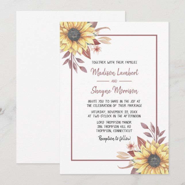 Invitation Mariage de automne rustique de tournesol floral (Devant / Derrière)