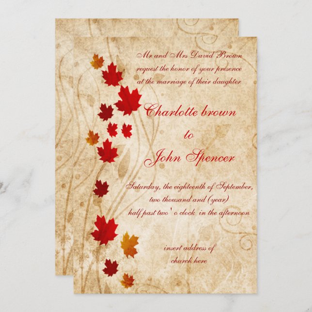 Invitation Mariage de automne rustique feuille Maple (Devant / Derrière)