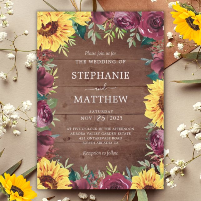 Invitation Mariage de automne rustique tournesol Bourgogne Fl (Créateur téléchargé)